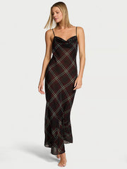 Chiffon Tartan Draped Maxi Slip Dress