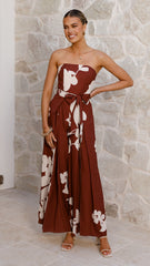 Carson Front Spilt Strapless Jumpsuit - Merlot Floral