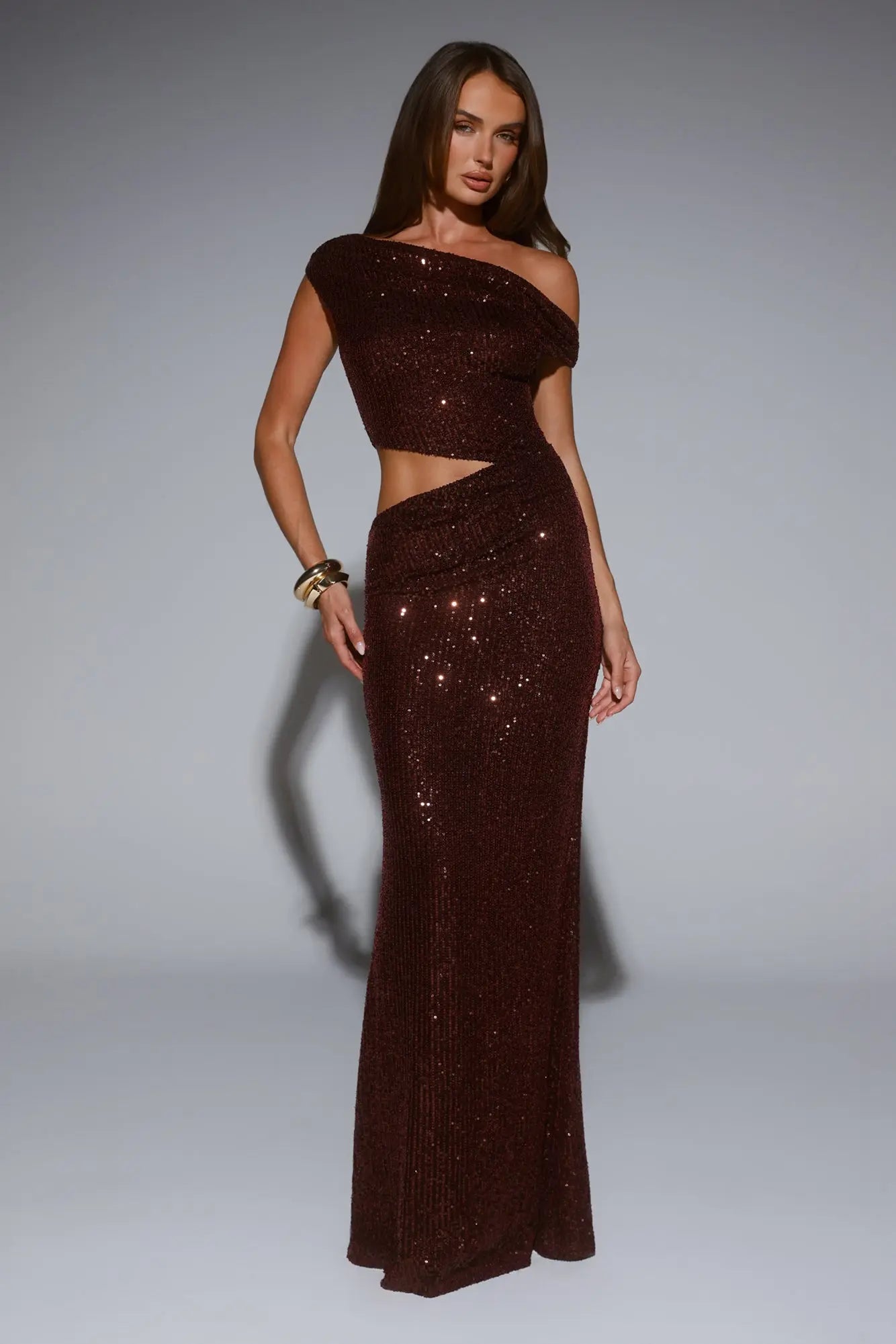 Starlit Sparkle Off Shoulder Sequin Maxi Dress Plum